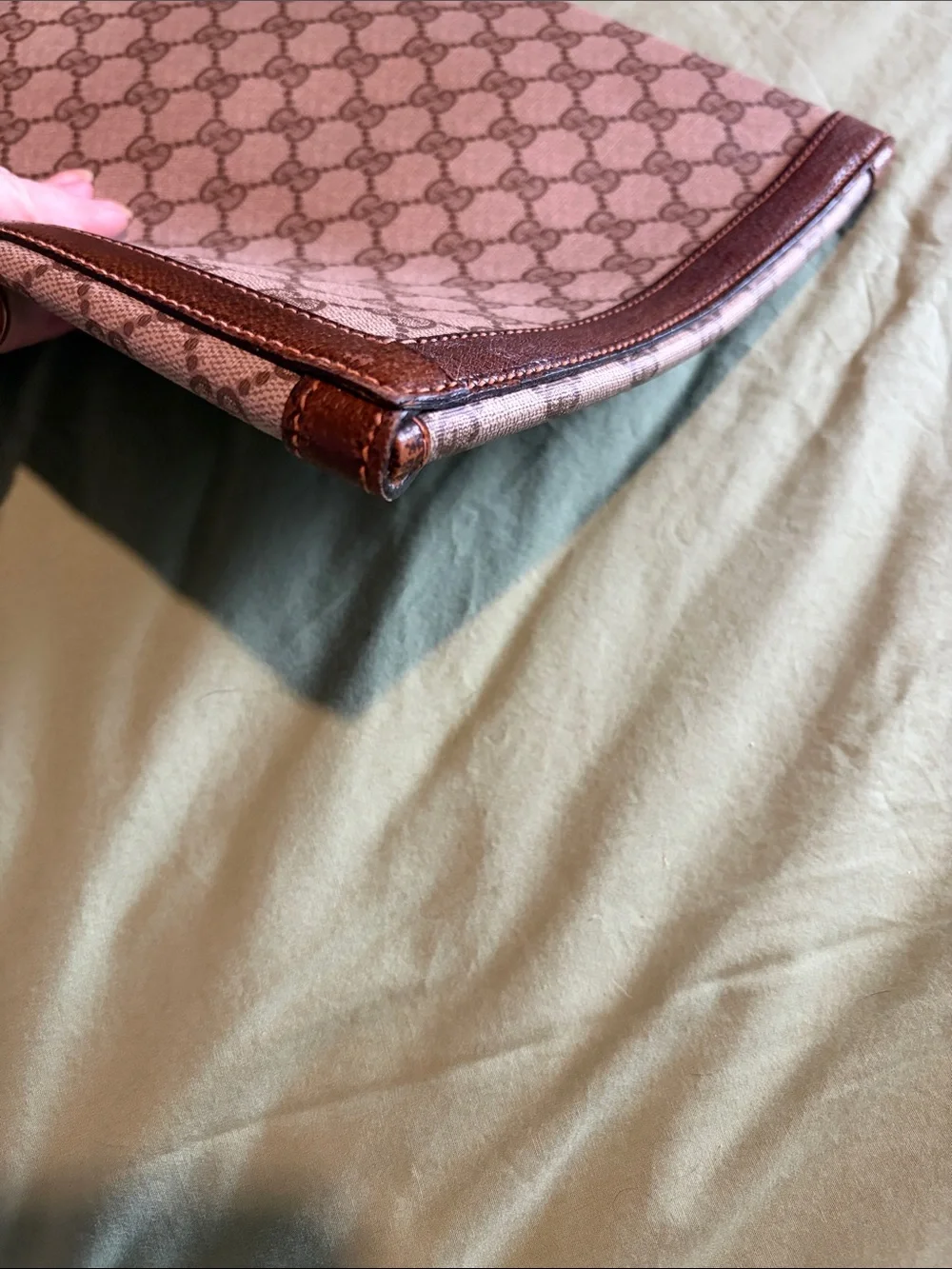Gucci Beige GG Supreme Envelope Clutch with Brown Leather Trim